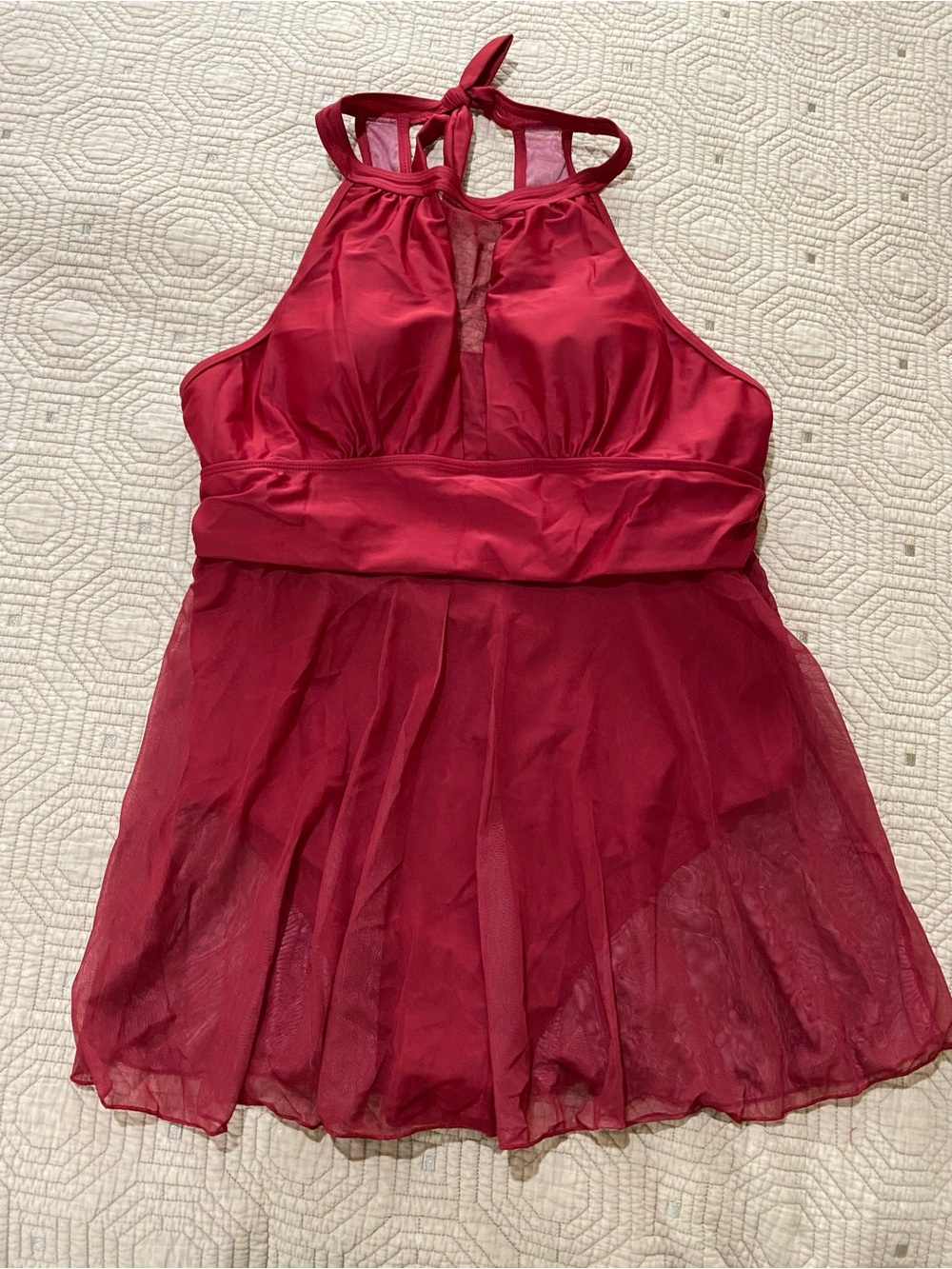 Burgundy Mesh High-Neck Halter Swim
Dress Size 3X.